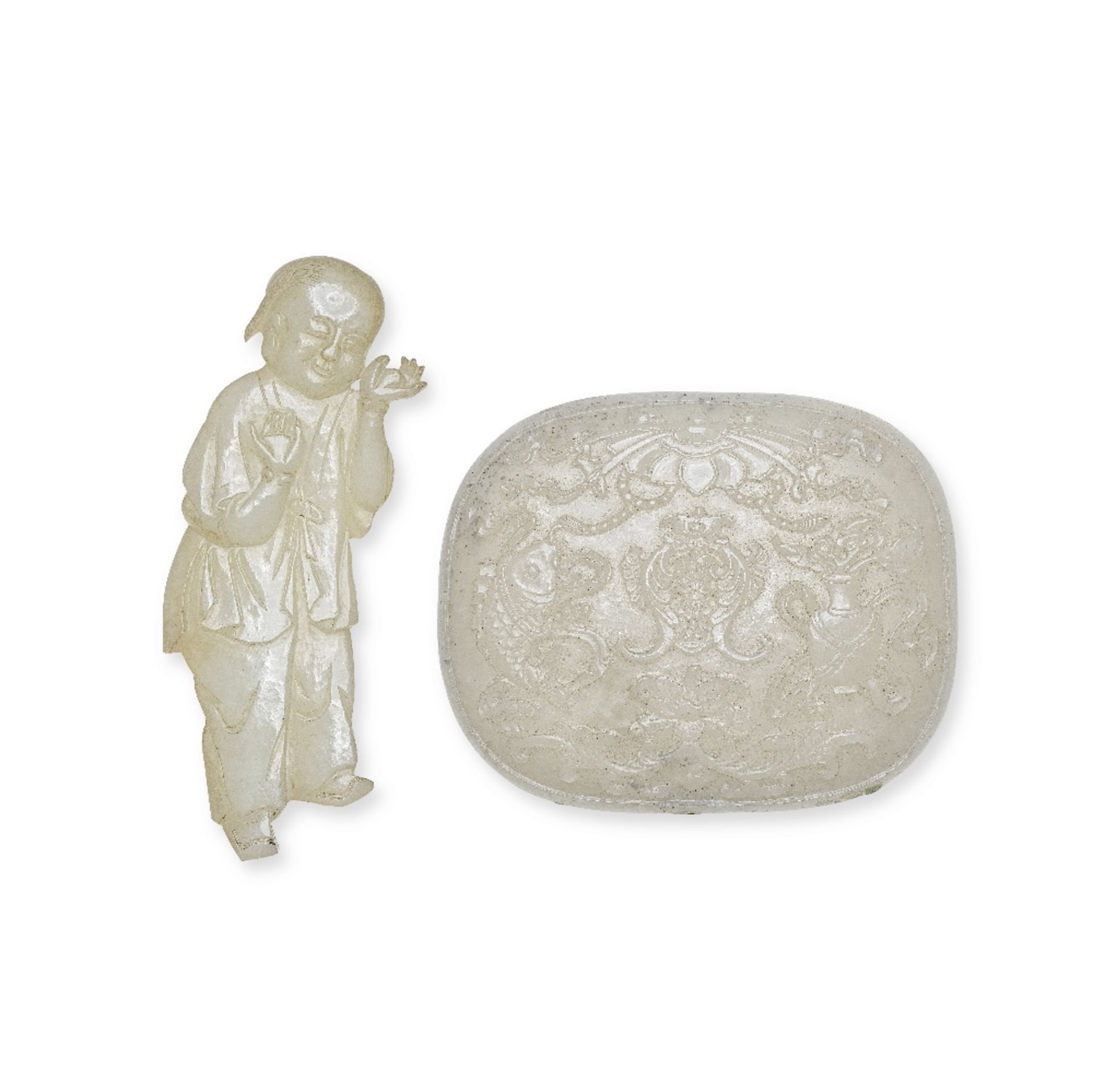 A PALE CELADON JADE 'BOY' PLAQUE AND AN OVAL 'BUDDHIST EMBLEMS' PLAQUE Qing Dynasty (2)