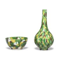 AN EGG AND SPINACH-GLAZED BOTTLE VASE AND BOWL The bowl with a Chenghua four-character mark, the...
