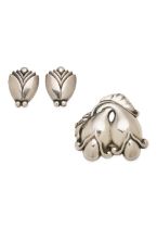 GEORG JENSEN | STERLING SILVER TULIP BROOCH AND EARCLIPS