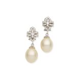 PAIR OF DIAMOND AND SIMULATED PEARL PENDENT EARCLIPS