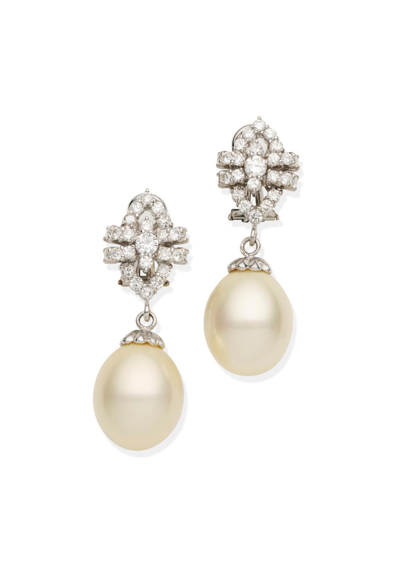 PAIR OF DIAMOND AND SIMULATED PEARL PENDENT EARCLIPS