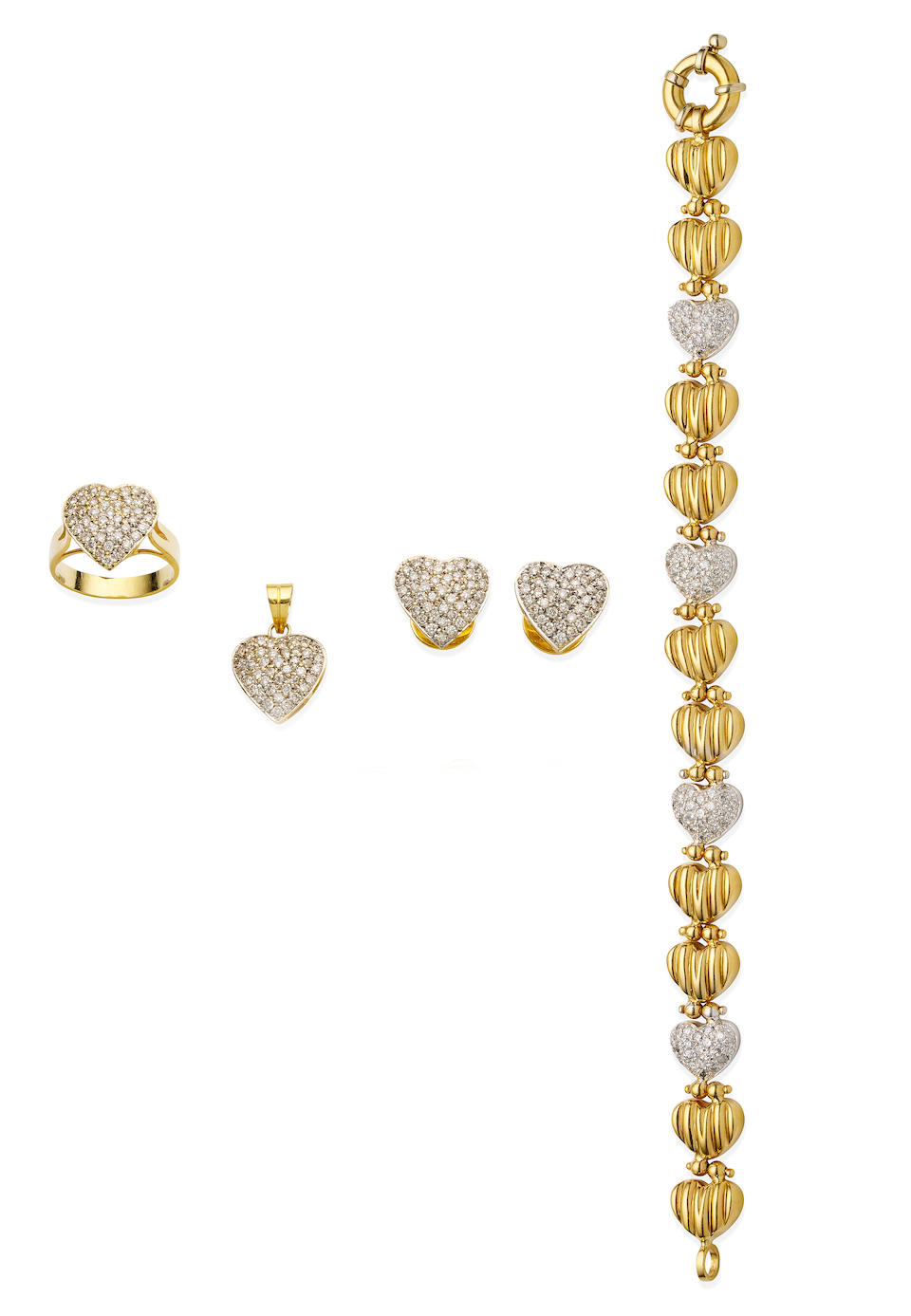 DIAMOND AND 18CT GOLD BRACELET, EARRING, PENDANT AND RING SUITE