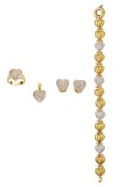 DIAMOND AND 18CT GOLD BRACELET, EARRING, PENDANT AND RING SUITE
