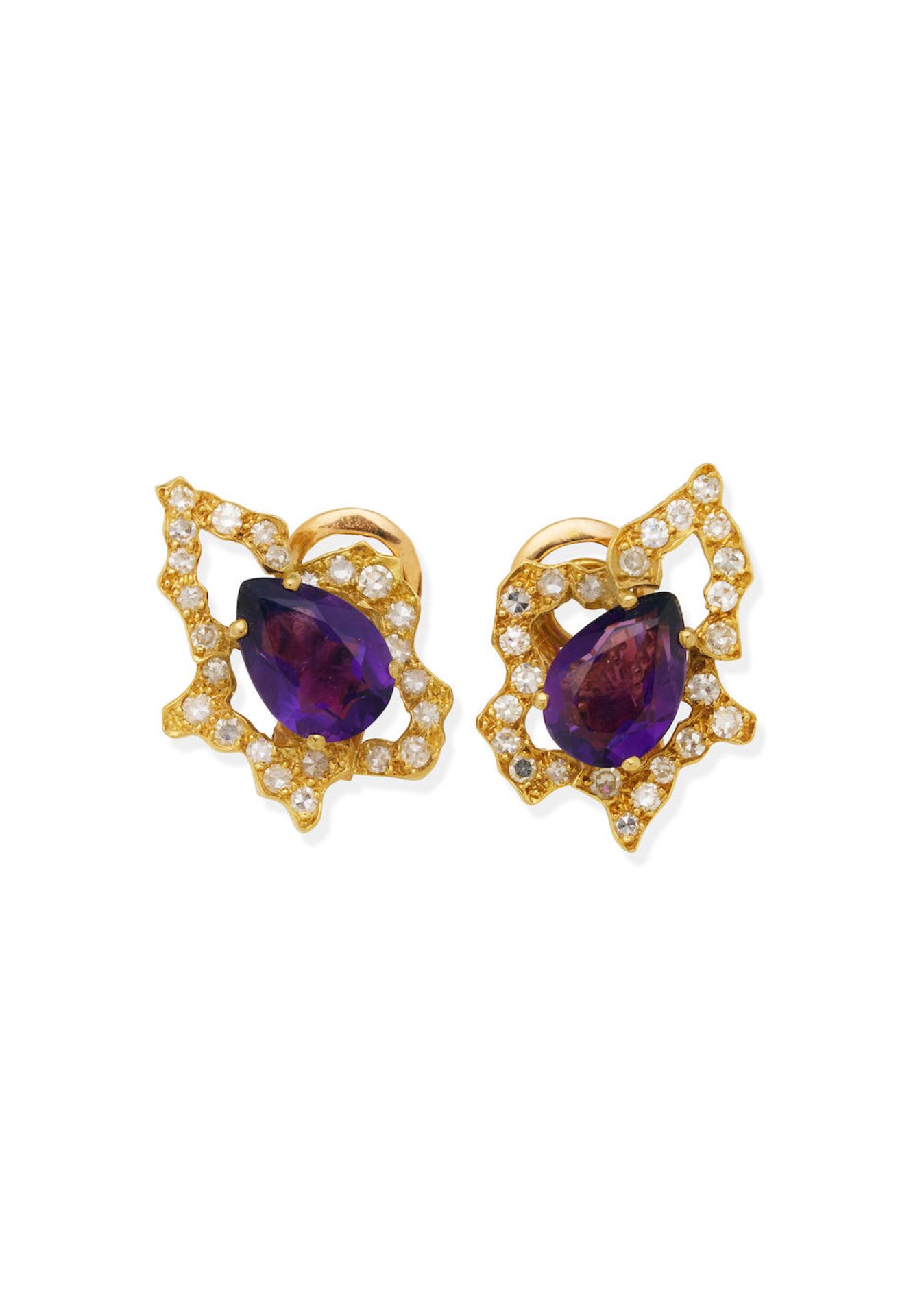 ANDREW GRIMA | PAIR OF AMETHYST AND DIAMOND EARCLIPS, Circa 1967