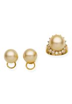 COLOURED CULTURED PEARL AND DIAMOND RING AND EARRING SUITE