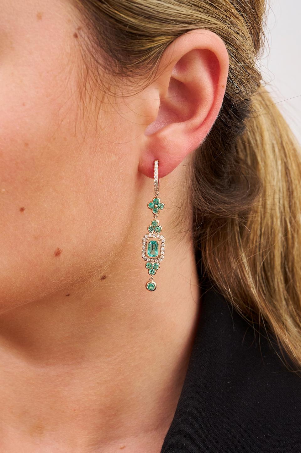 PAIR OF EMERALD AND DIAMOND PENDENT EARRINGS - Image 2 of 2