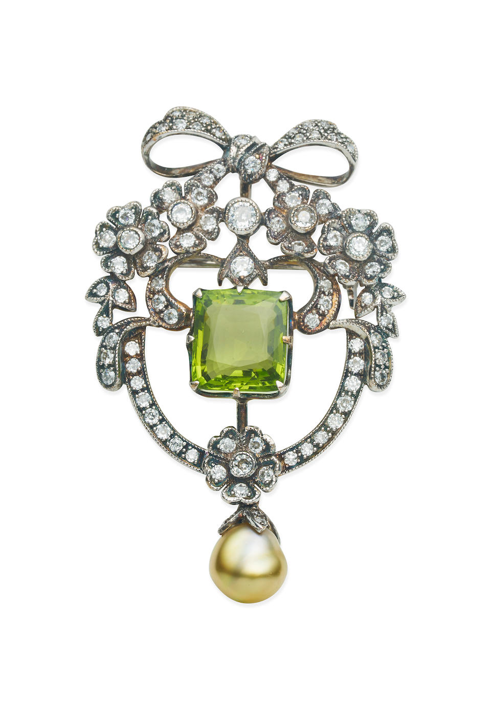 PERIDOT, DIAMOND AND PEARL BROOCH/PENDANT