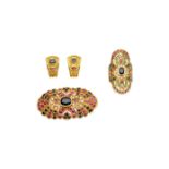 DIAMOND AND GEM-SET BROOCH/PENDANT, RING AND EARRING SUITE