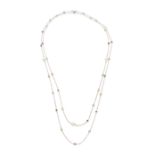 STERLING SILVER, CULTURED PEARL AND GEM-SET LONG CHAIN
