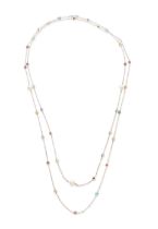 STERLING SILVER, CULTURED PEARL AND GEM-SET LONG CHAIN