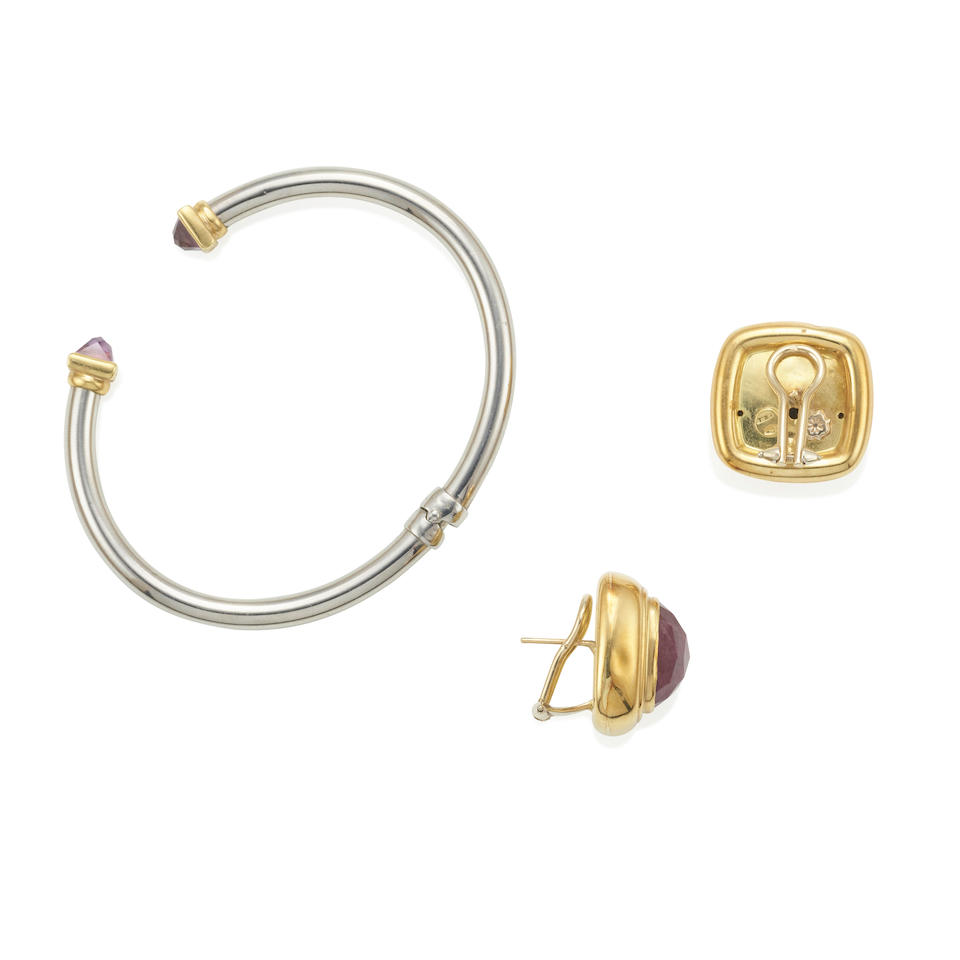 PAIR OF GOLD AND RUBY EARRINGS AND GOLD, WHITE METAL AND AMETHYST HINGED CUFF - Image 2 of 2