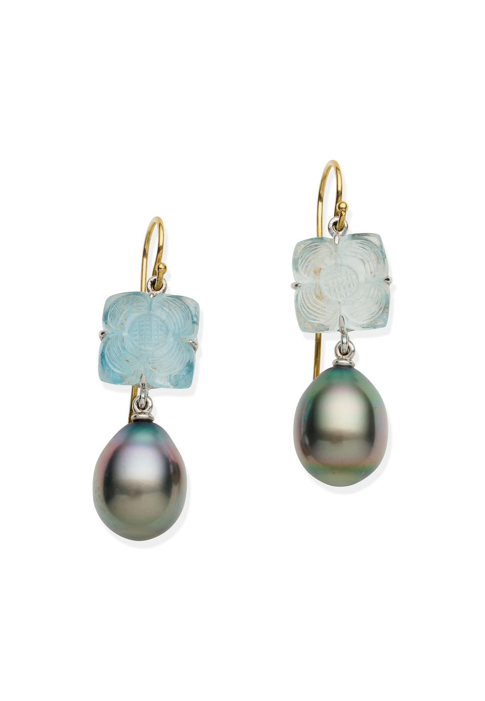 TONY WHITE | COLOURED CULTURED PEARL AND AQUAMARINE EARRINGS