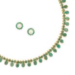 PAIR OF GOLD, EMERALD, CULTURED PEARL EARRINGS AND NECKLACE