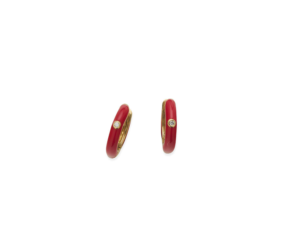 ENAMEL, GOLD AND DIAMOND 'HUGGIE' EARRINGS