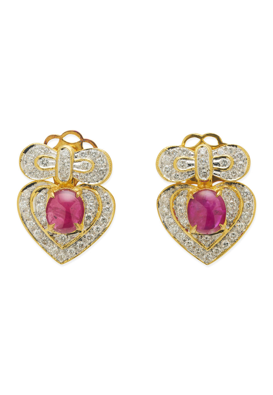 PAIR OF CABOCHON RUBY AND DIAMOND EARRINGS