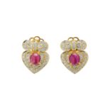 PAIR OF CABOCHON RUBY AND DIAMOND EARRINGS