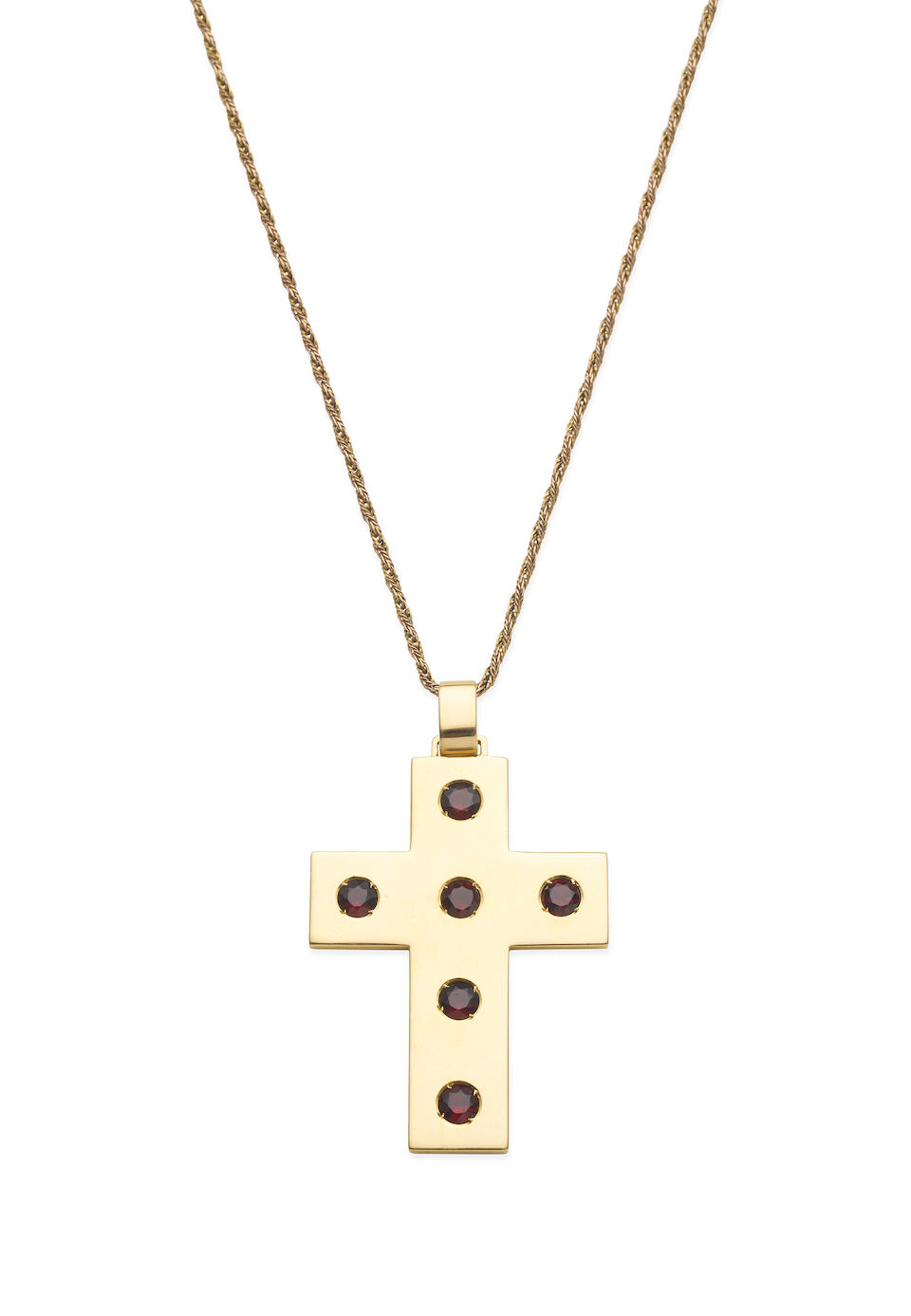 A GARNET AND GOLD CROSS PENDANT