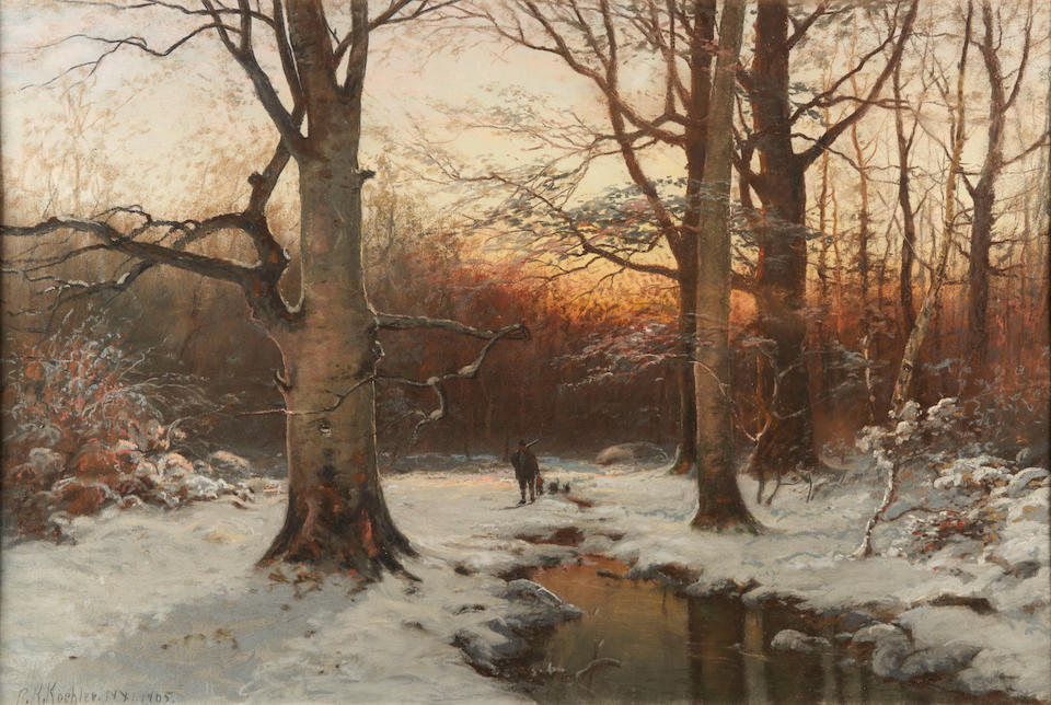 PAUL KOEHLER (AMERICAN, 1866-1909) WINTER WOODS WITH HUNTER