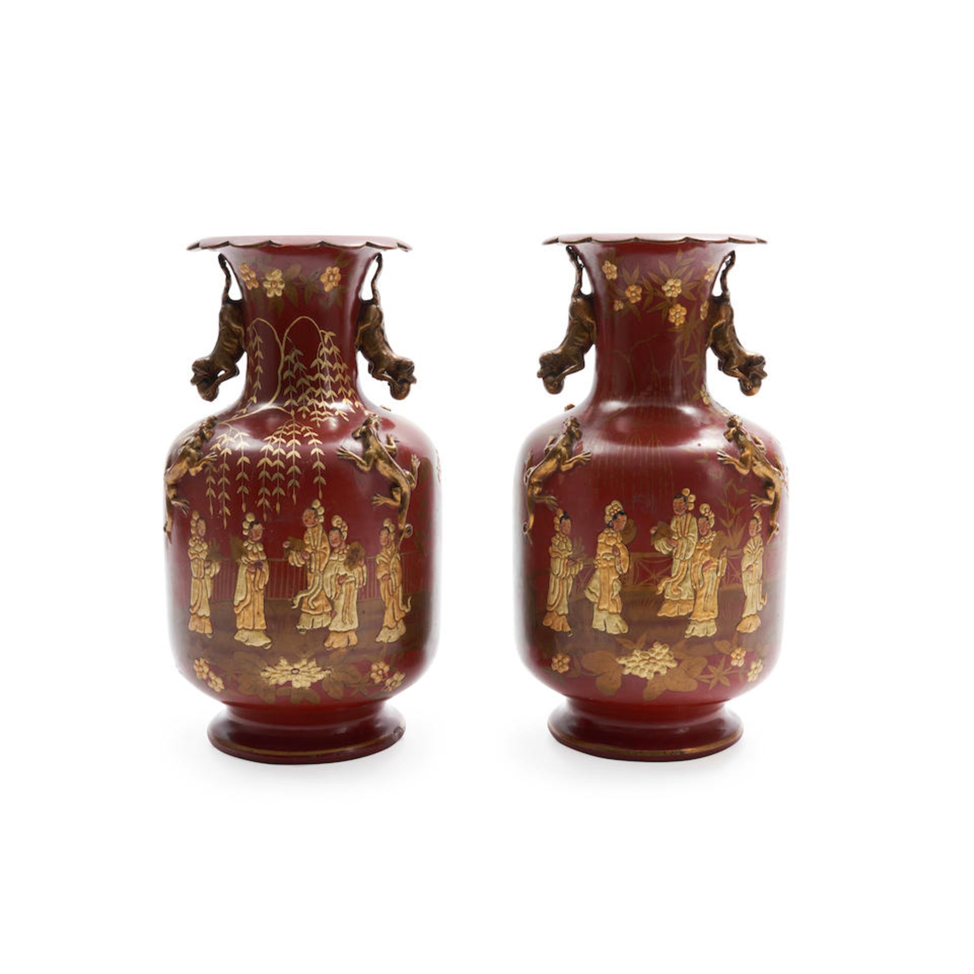 PAIR OF RED LACQUERED CHINOISERIE DECORATED VASES