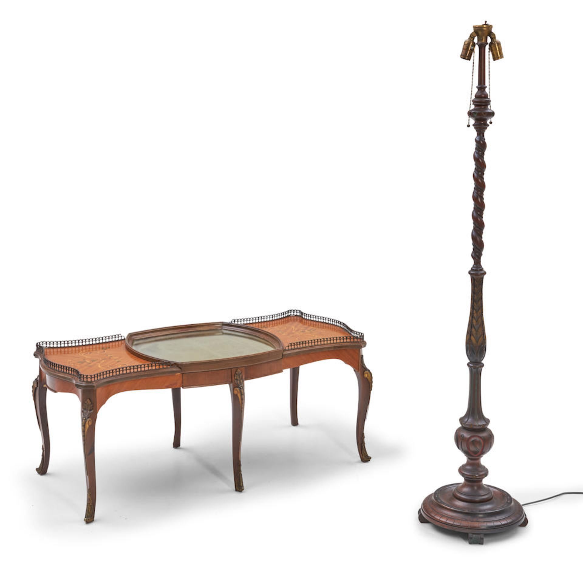 LOUIX XV-STYLE MAHOGANY MIRRORED COFFEE TABLE AND CARVED FLOOR LAMP