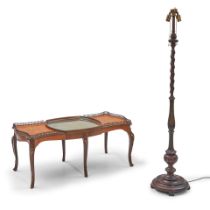 LOUIX XV-STYLE MAHOGANY MIRRORED COFFEE TABLE AND CARVED FLOOR LAMP