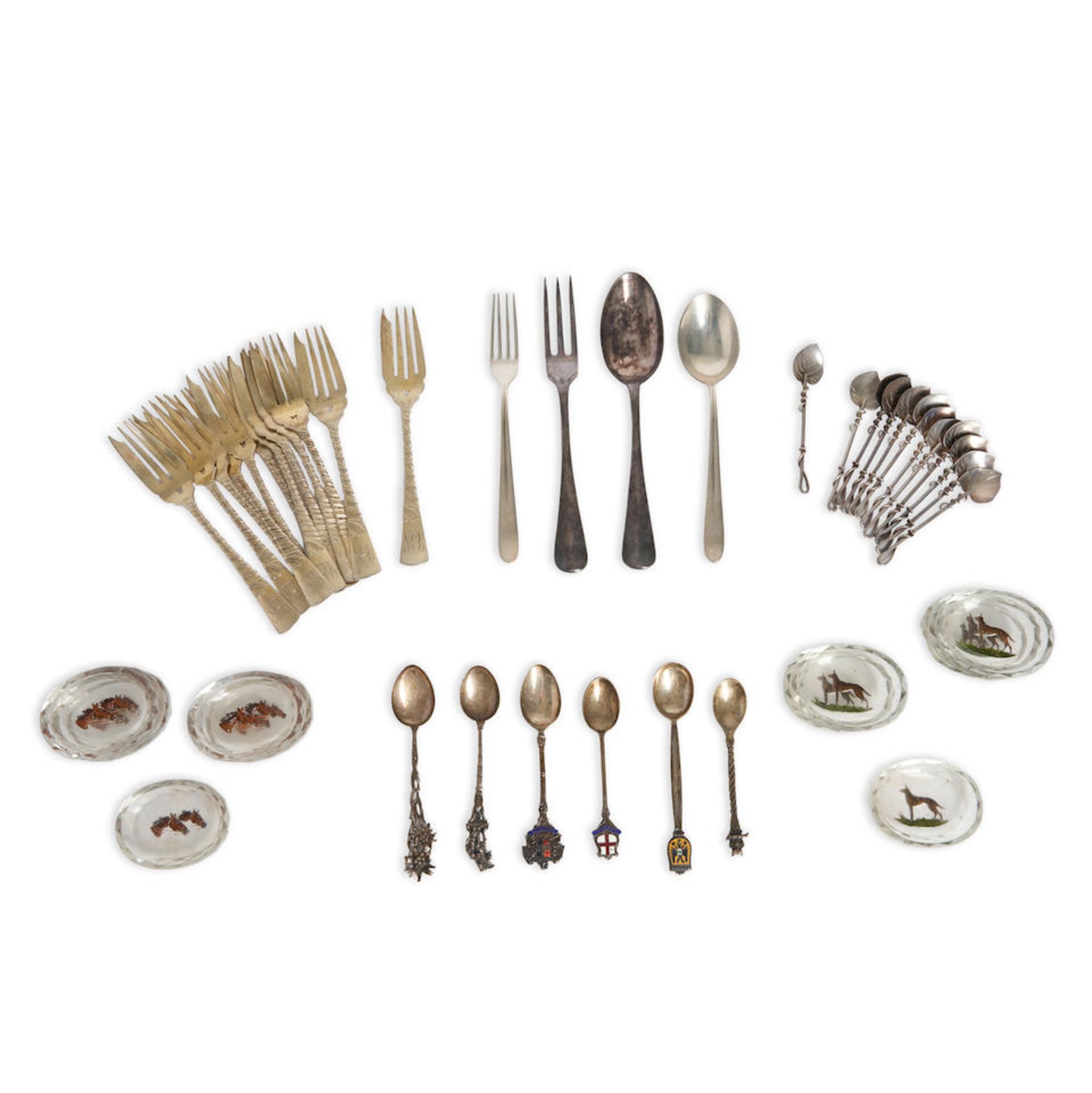 GROUP OF STERLING SILVER, .800 SILVER, AND SILVER-PLATED FLATWARE AND ENAMELED GLASS SALT CELLARS