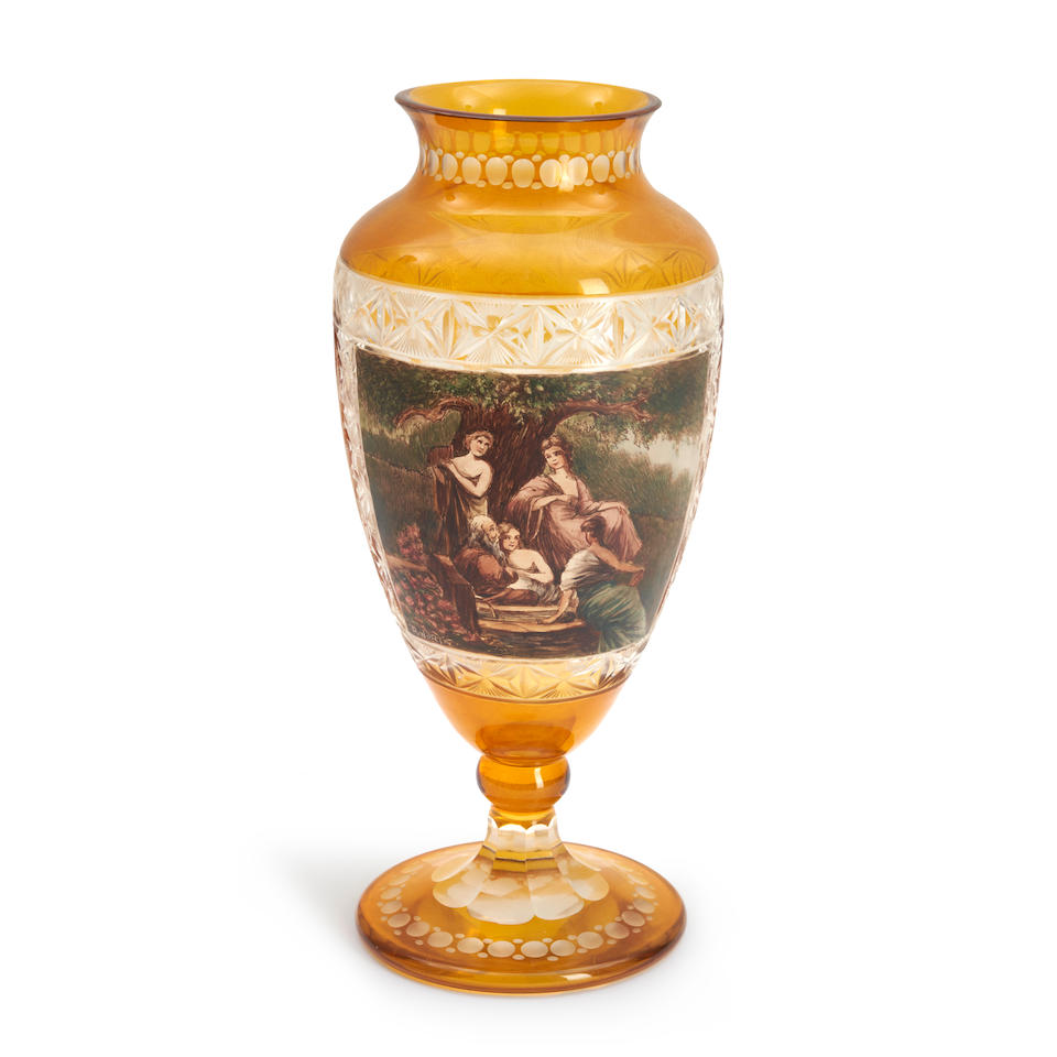 BOHEMIAN ENGRAVED AND HAND-PAINTED VASE