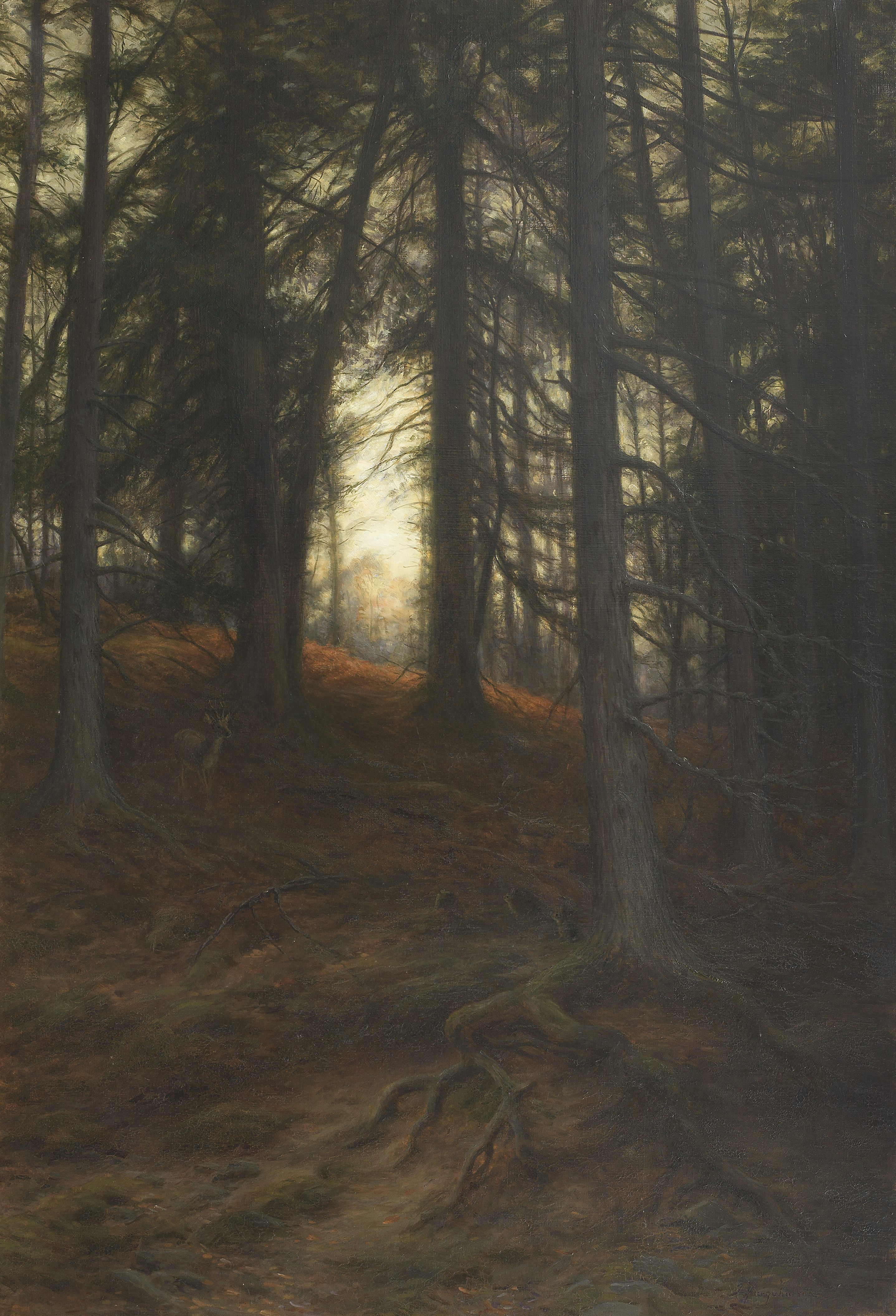 Joseph Farquharson RA (British, 1846-1935) Deer and rabbits in a woodland