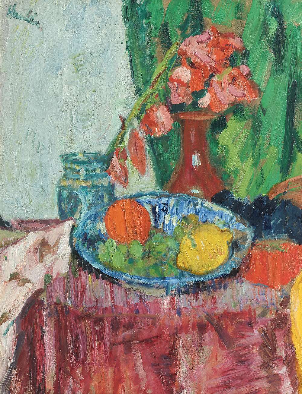 George Leslie Hunter (British, 1877-1931) Still Life with Gladioli, Dish and Fruit, on Pink Clot...