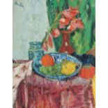George Leslie Hunter (British, 1877-1931) Still Life with Gladioli, Dish and Fruit, on Pink Clot...