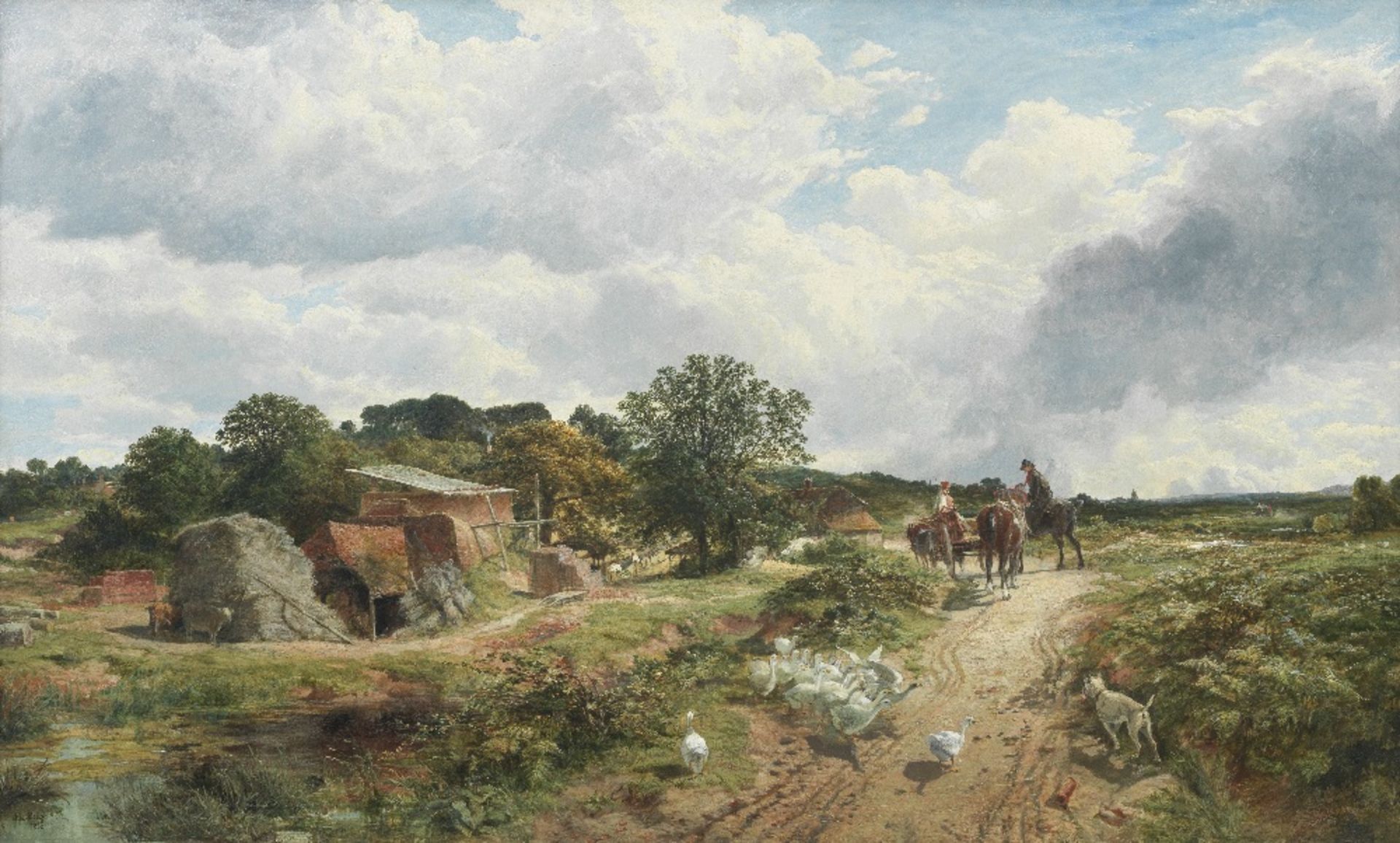 Samuel Bough RSA (British, 1822-1878) Figures on a common approaching a farmsteading with gaggle...