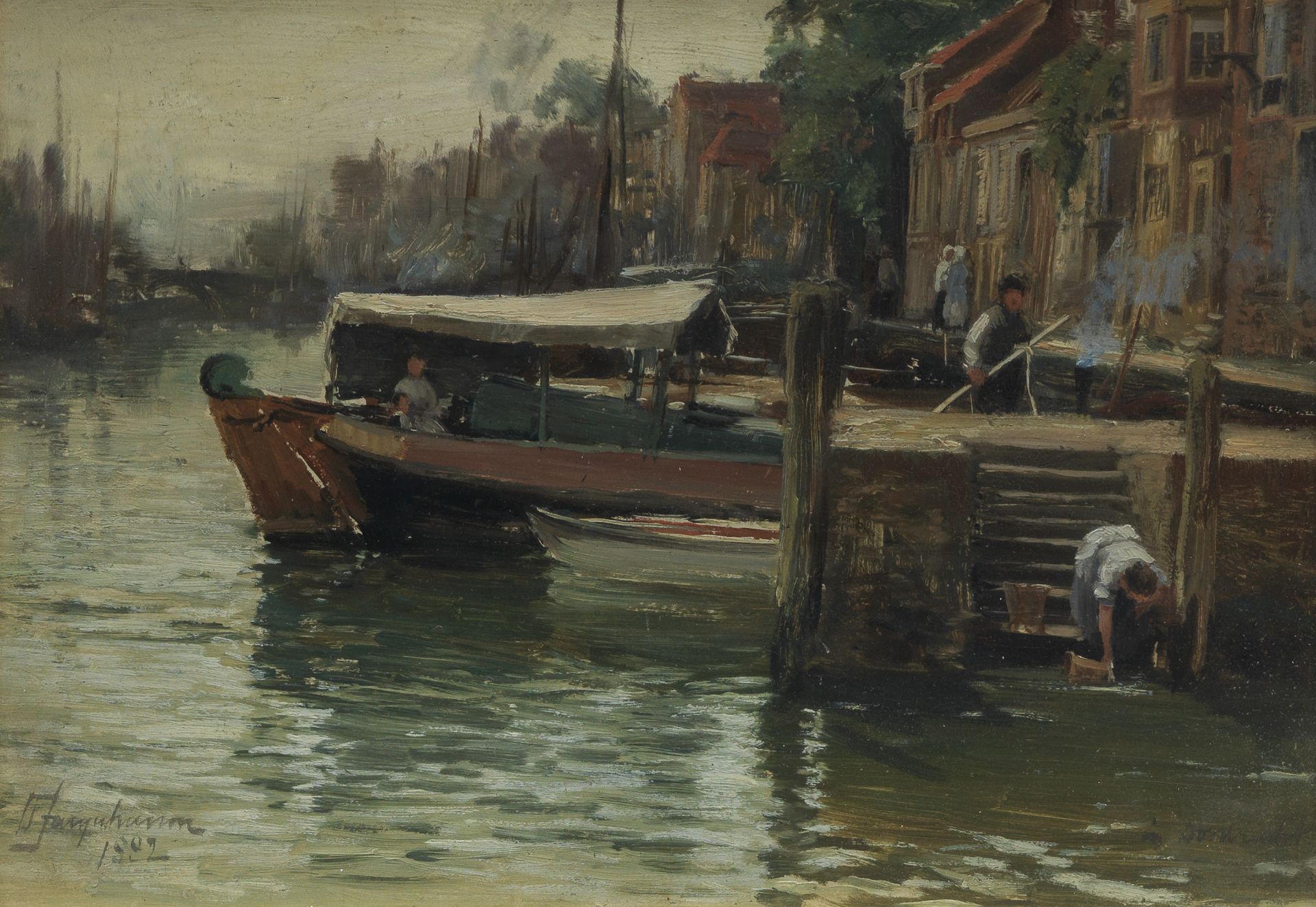David Farquharson ARA ARSA RSW ROI (British, 1840-1907) On the canal, Dordrecht