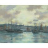 James Watterston Herald (British, 1859-1914) Boats in harbour at dusk
