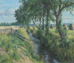 James McIntosh Patrick RSA ROI ARE LLD (British, 1907-1998) A stream in Summer, the Fife hills i...