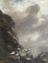 Peter Graham RA HRSA (British, 1836-1921) Gannets on a rocky cliffside