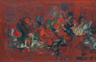 John Houston OBE RSA RSW RGI SSA (British, 1930-2008) Fruit on a Red Table