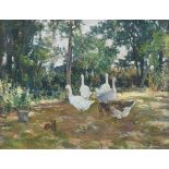 Alexander Jamieson ROI (British, 1873-1937) Geese and Rabbit in the Garden