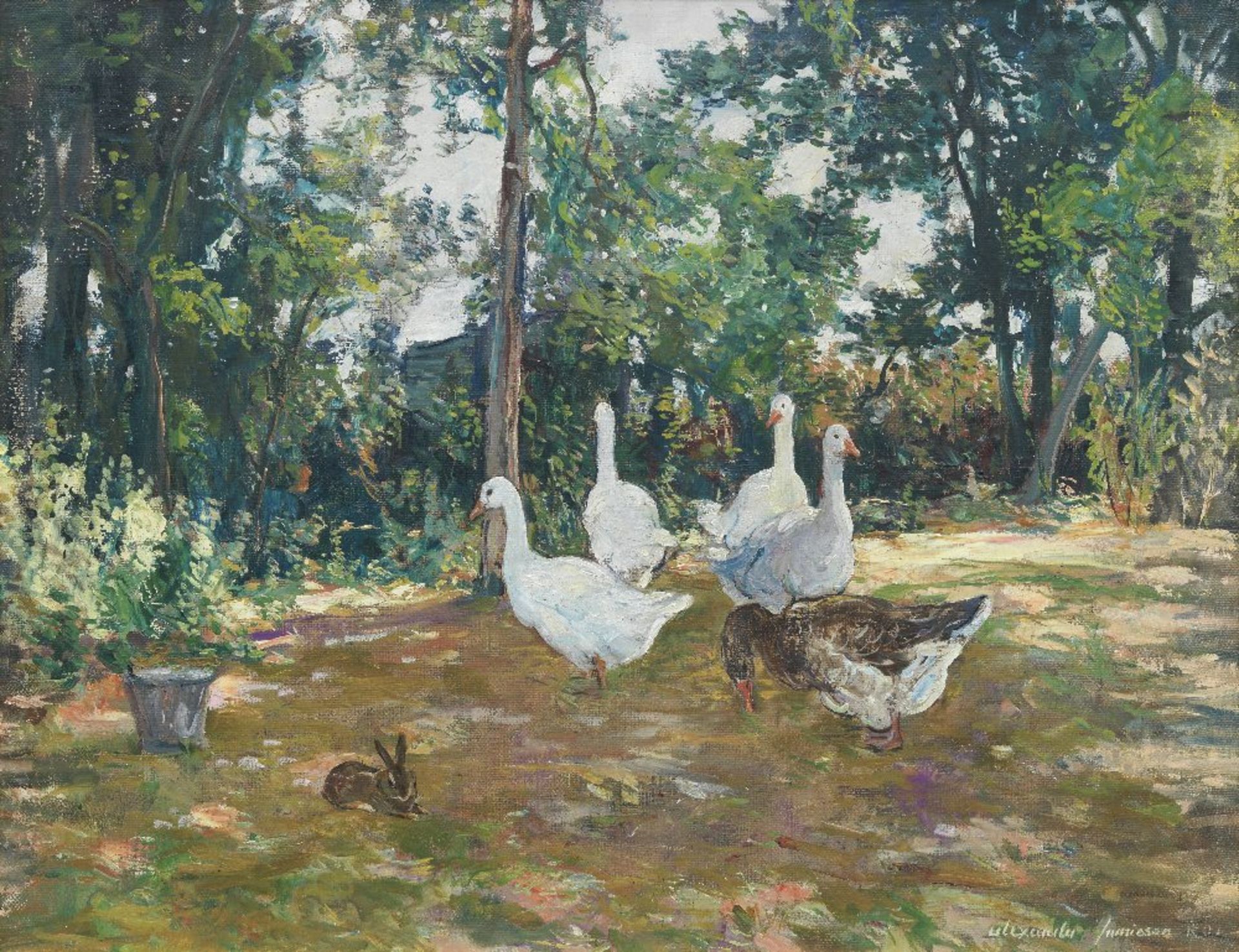 Alexander Jamieson ROI (British, 1873-1937) Geese and Rabbit in the Garden