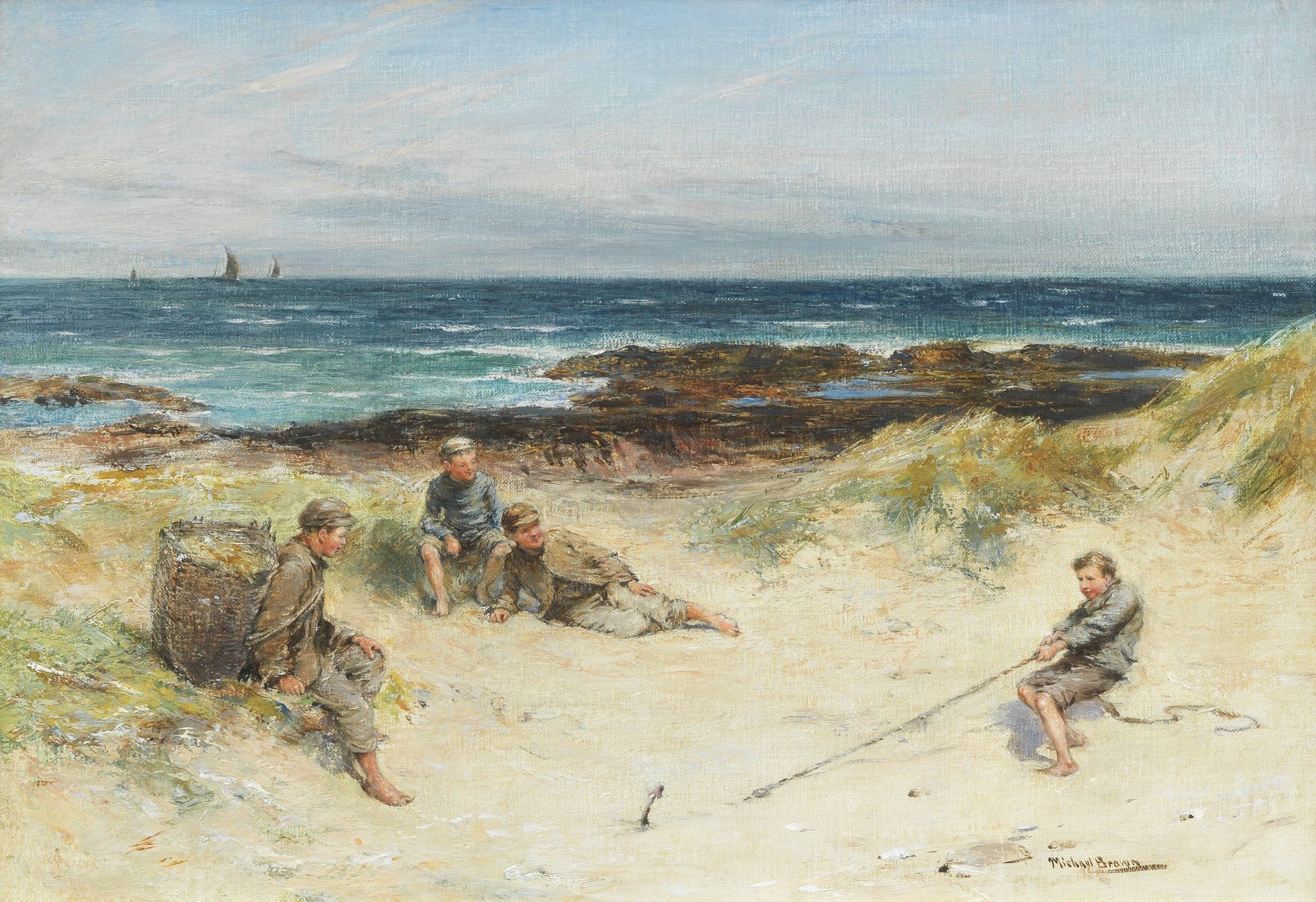 James Michael Brown (British, 1853-1947) A break from work, boys playing on a beach