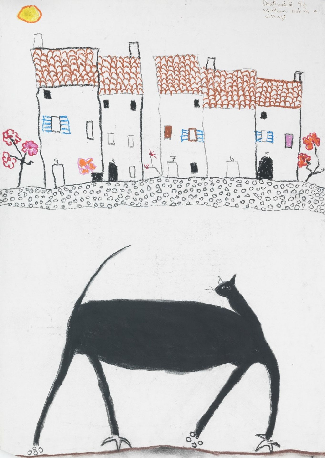 Pat Douthwaite (British, 1934-2002) Italian cat in a village unframed