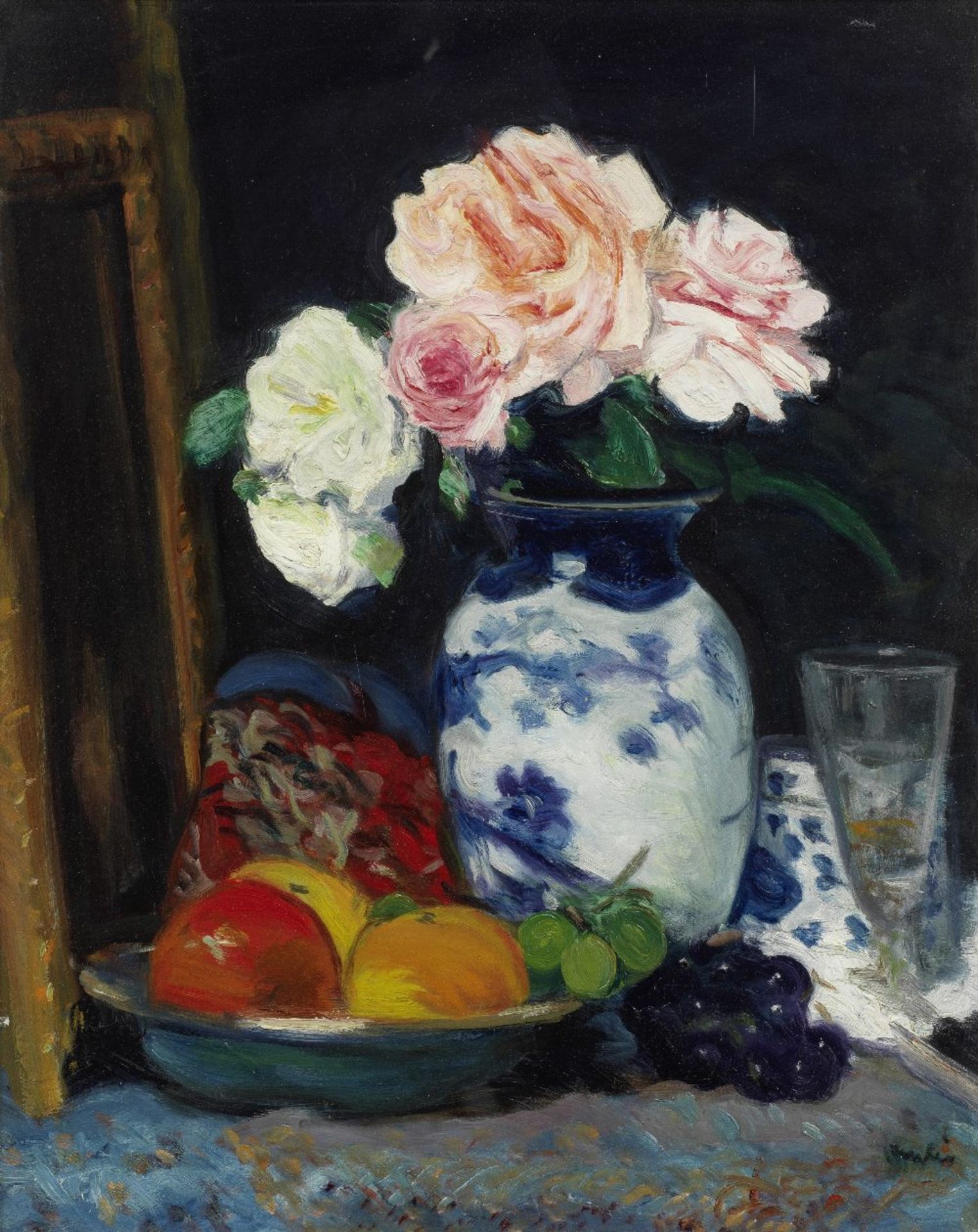 George Leslie Hunter (British, 1877-1931) Still life with roses in a Chinese blue and white jar ...