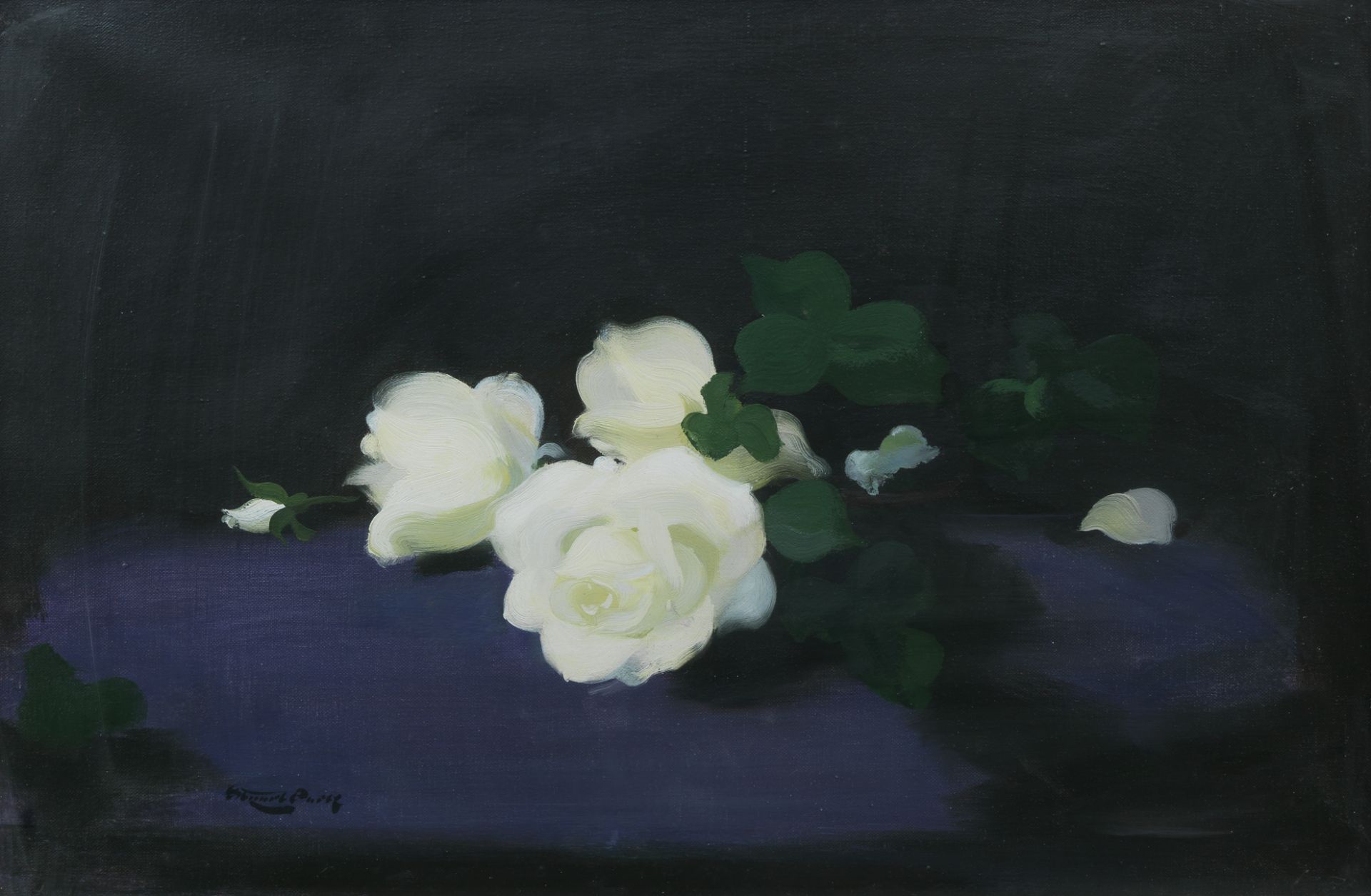 James Stuart Park (British, 1862-1933) White roses on a purple ground