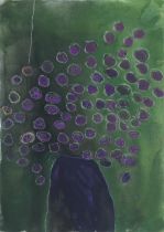 Pat Douthwaite (British, 1934-2002) Vase of purple flowers unframed