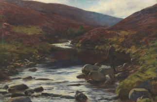 Joseph Farquharson RA (1846-1935) Fishing by a highland river