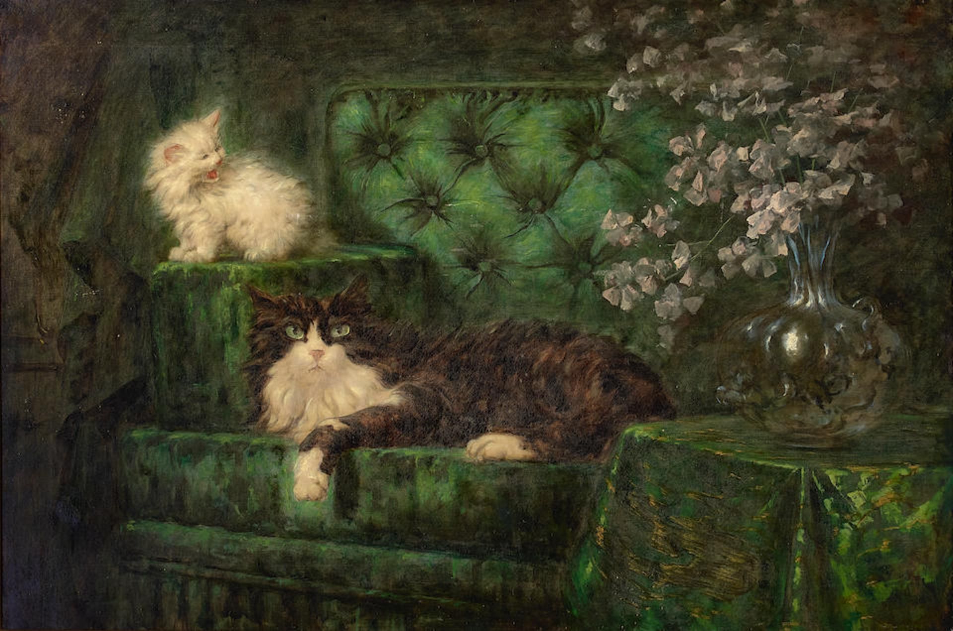 Carl Kahler (Austrian/American, 1855-1906) A Tuxedo cat and a white kitten on a green sofa 33 x ...