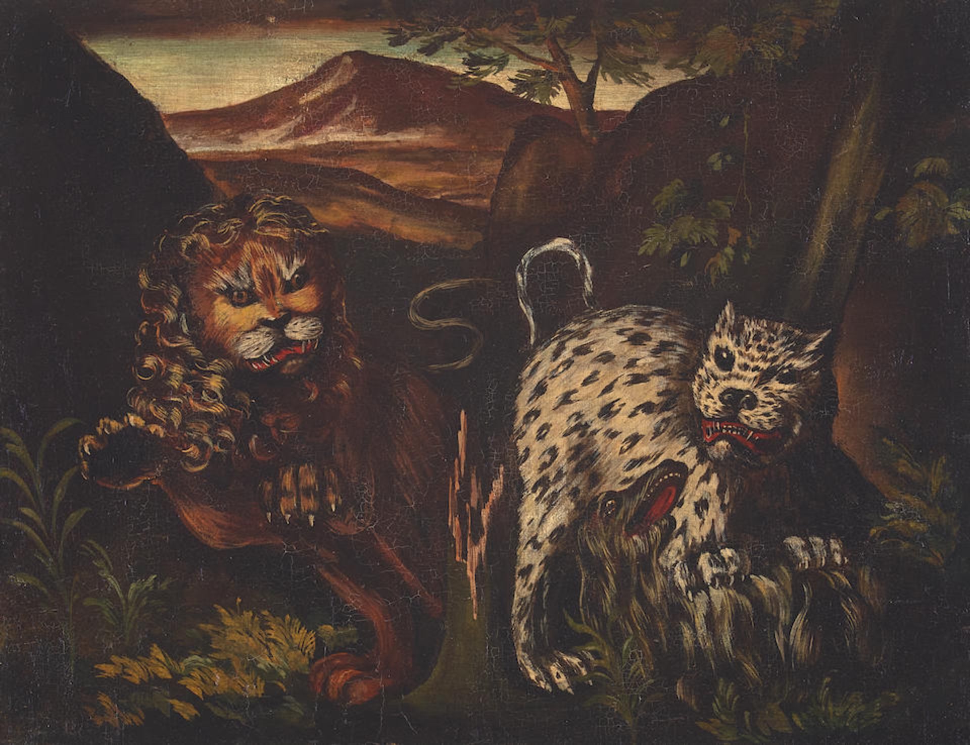 Italian School (late 19th century) Hunt scene of lions and leopards each 13 3/4 x 17 3/4in (35 x...