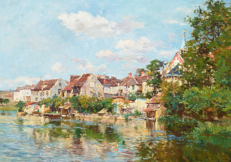 Edmond Marie Petitjean (French, 1844-1925) Vue d'un village au bord de la rivière 18 1/2 x ...