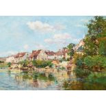 Edmond Marie Petitjean (French, 1844-1925) Vue d'un village au bord de la rivière 18 1/2 x ...