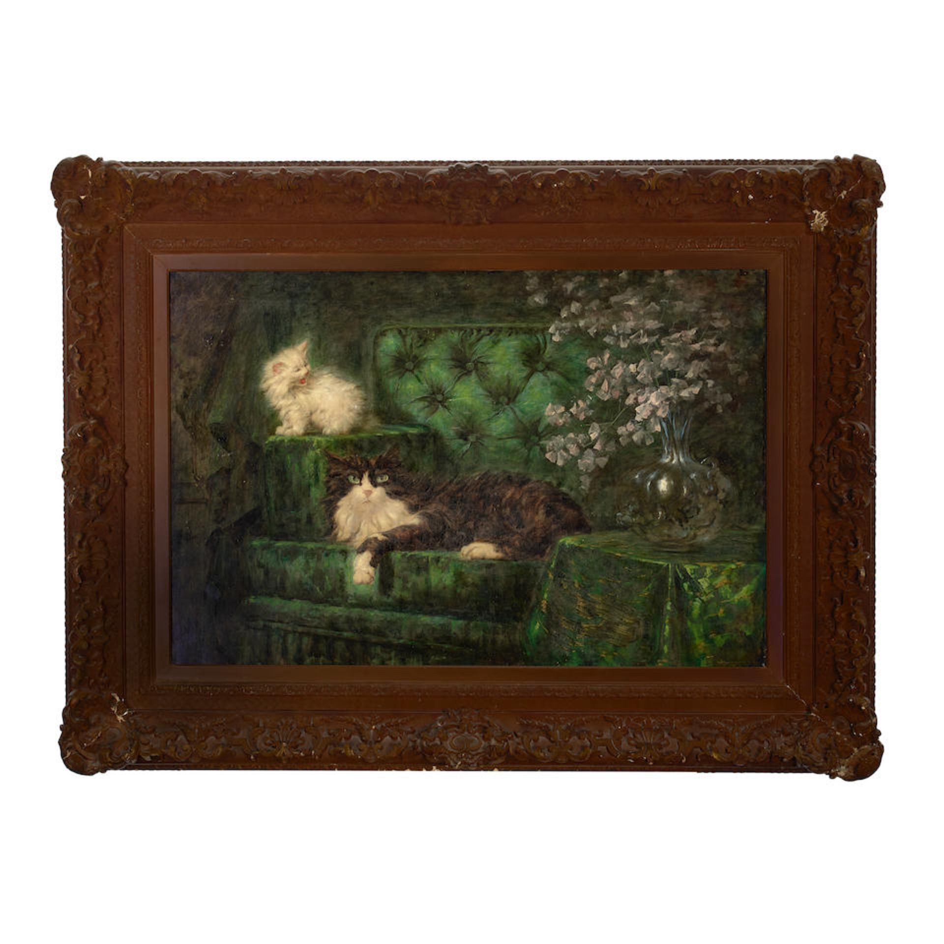 Carl Kahler (Austrian/American, 1855-1906) A Tuxedo cat and a white kitten on a green sofa 33 x ... - Bild 2 aus 2