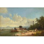 Heinrich Bürkel (German, 1802-1869) A landscape with figures on a river ferry 14 5/8 x 22in...